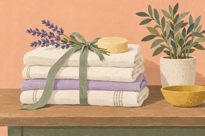 Gouache illustration of folded linen towels with a sprig of lavender and a bar of soap