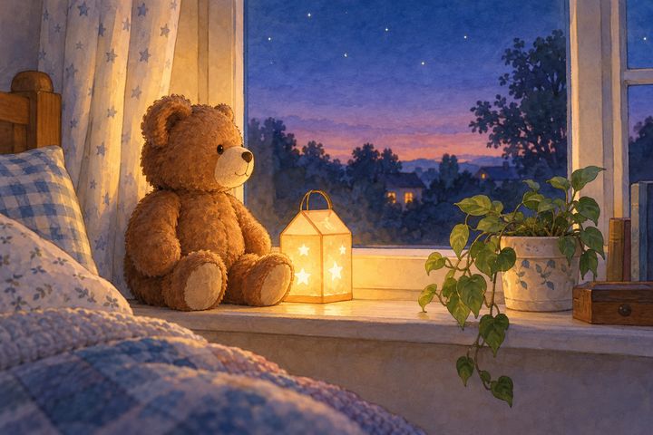 Watercolour of a teddy bear beside a glowing night-light on a child's windowsill