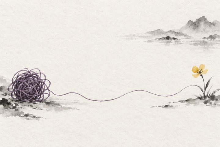 Ink wash painting of a tangled thread unwinding into one smooth line that ends at a small yellow flower