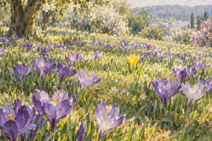 Impressionist painting of a single yellow crocus among purple crocuses