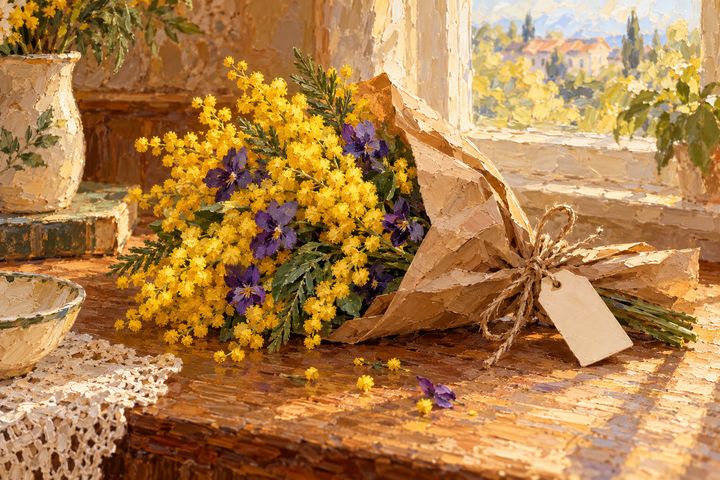 Palette-knife painting of a posy of yellow mimosa and violets wrapped in brown paper with a gift tag